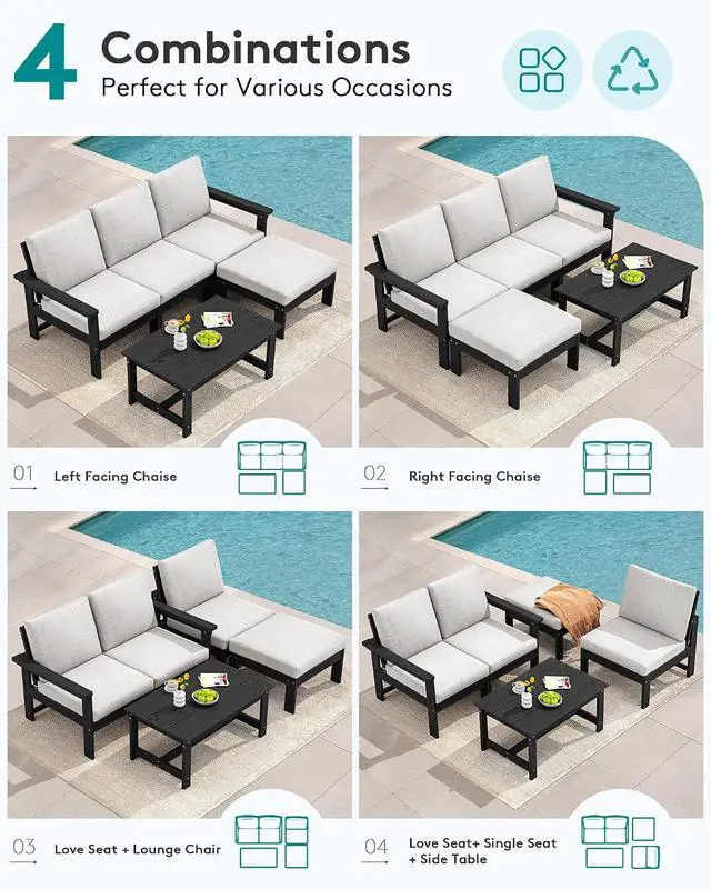 Alt view image 5 of 7 - Outdoor Sectional Sofa Set, 5-piece Outdoor Modula Couch Set with Ottoman, All Weather Patio Furniture Set with Chaise for Deck, Lawn, Black Frame with Khaki Cushion