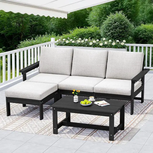 Alt view image 4 of 7 - Outdoor Sectional Sofa Set, 5-piece Outdoor Modula Couch Set with Ottoman, All Weather Patio Furniture Set with Chaise for Deck, Lawn, Black Frame with Khaki Cushion