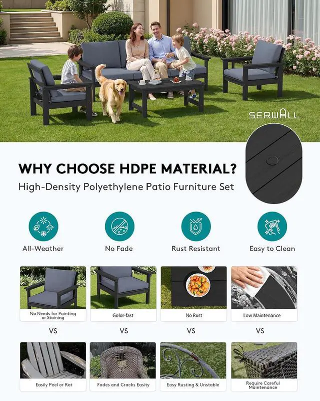 Alt view image 3 of 7 - HDPE Patio Conversation Set, 6-piece Sectional Outdoor Furniture Set, All Weather Outdoor Couch Set Patio Furniture Set for Deck, Lawn, Black Frame with Grey Cushion