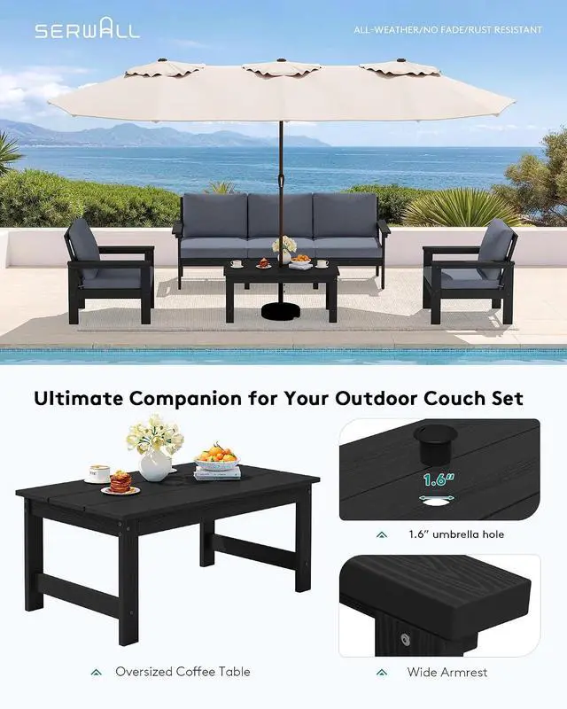 Alt view image 7 of 7 - HDPE Patio Conversation Set, 6-piece Sectional Outdoor Furniture Set, All Weather Outdoor Couch Set Patio Furniture Set for Deck, Lawn, Black Frame with Grey Cushion
