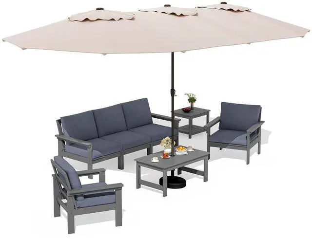 Main image of HDPE Patio Furniture Set with 15FT Patio Umbrella, 7-piece Outdoor Sectional Sofa Set, All Weather Patio Couch Set for Deck, Gray &Gray (Umbreall Base not Included)