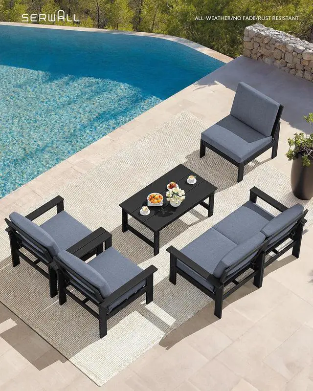 Alt view image 5 of 7 - HDPE Patio Conversation Set, 6-piece Sectional Outdoor Furniture Set, All Weather Outdoor Couch Set Patio Furniture Set for Deck, Lawn, Black Frame with Grey Cushion