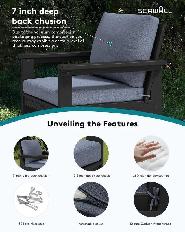Alt view image 4 of 7 - HDPE Patio Conversation Set, 6-piece Sectional Outdoor Furniture Set, All Weather Outdoor Couch Set Patio Furniture Set for Deck, Lawn, Black Frame with Grey Cushion