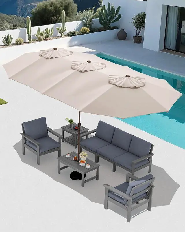Alt view image 7 of 7 - HDPE Patio Furniture Set with 15FT Patio Umbrella, 7-piece Outdoor Sectional Sofa Set, All Weather Patio Couch Set for Deck, Gray &Gray (Umbreall Base not Included)