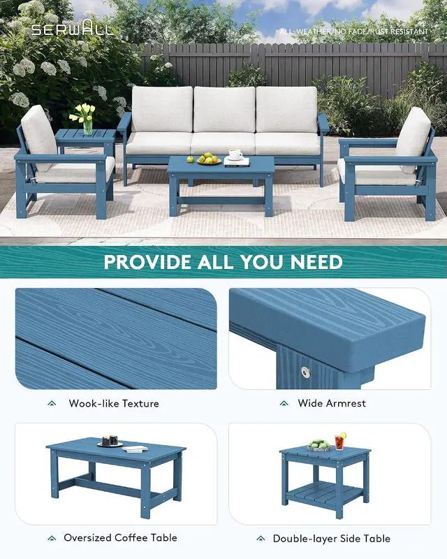 Alt view image 5 of 7 - HDPE Patio Furniture Set, 7-piece Outdoor Sectional Sofa Set, All Weather Outdoor Couch Set for Deck, Lawn, Blue Frame with Grey Cushion
