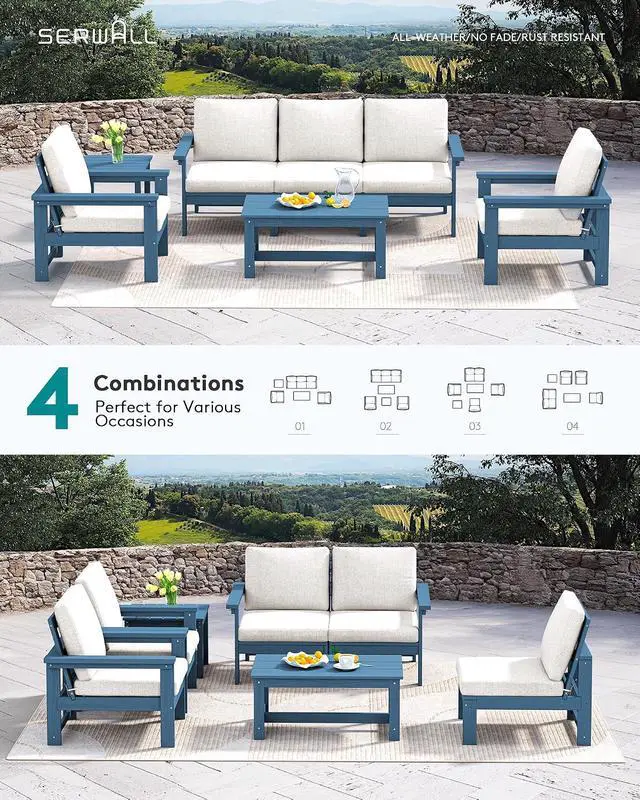 Alt view image 7 of 7 - HDPE Patio Furniture Set, 7-piece Outdoor Sectional Sofa Set, All Weather Outdoor Couch Set for Deck, Lawn, Blue Frame with Grey Cushion