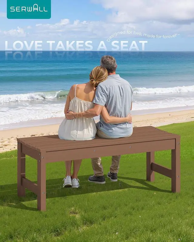 Alt view image 2 of 7 - 47 Inches Outdoor Bench, All Weather HDPE Backless Bench with Wood Grain Texture for Garden Porch and Park, Curved Bench Seat for Comfort, Brown