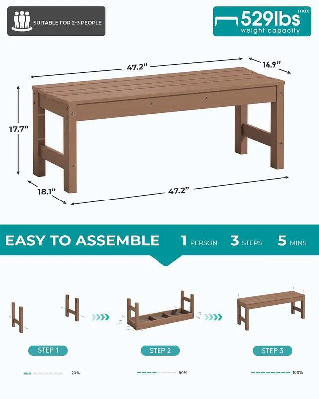 Alt view image 3 of 7 - 47 Inches Outdoor Bench, All Weather HDPE Backless Bench with Wood Grain Texture for Garden Porch and Park, Curved Bench Seat for Comfort, Brown