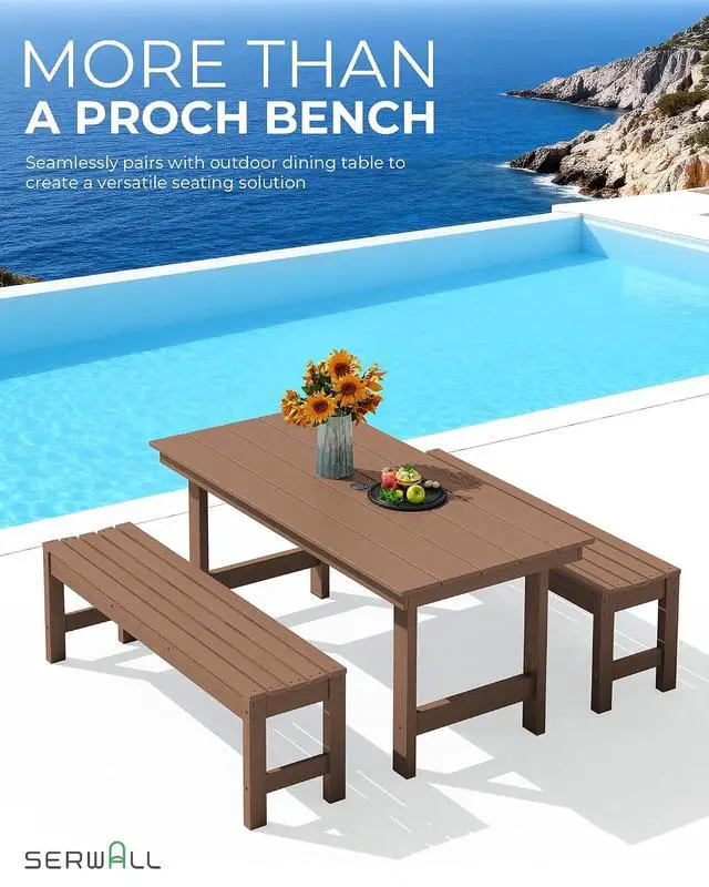 Alt view image 5 of 7 - 47 Inches Outdoor Bench, All Weather HDPE Backless Bench with Wood Grain Texture for Garden Porch and Park, Curved Bench Seat for Comfort, Brown