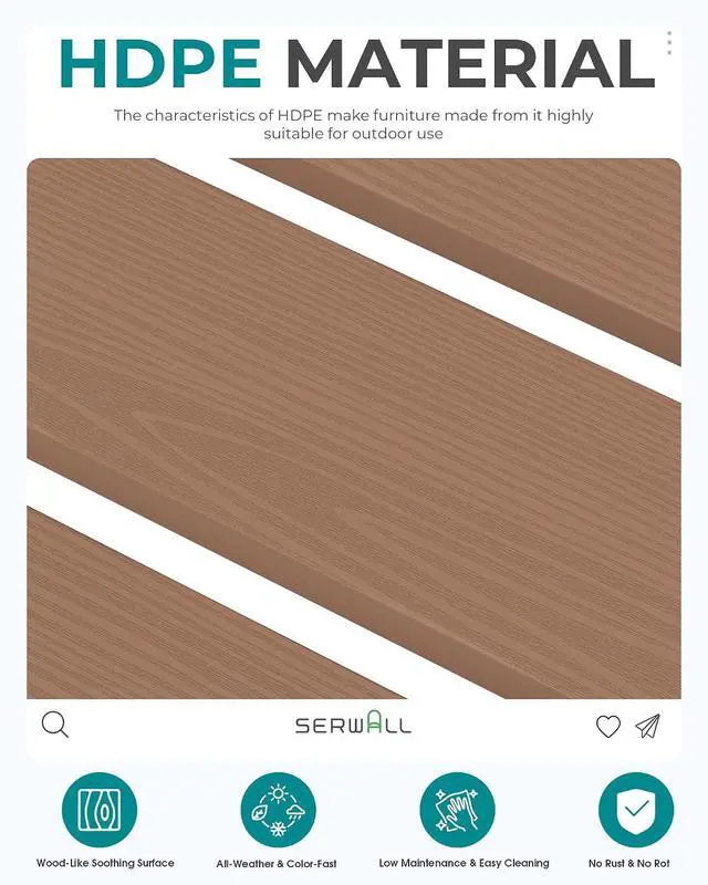 Alt view image 7 of 7 - 47 Inches Outdoor Bench, All Weather HDPE Backless Bench with Wood Grain Texture for Garden Porch and Park, Curved Bench Seat for Comfort, Brown