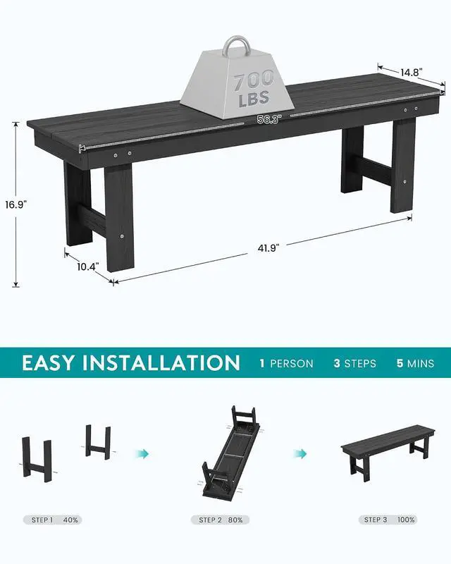 Alt view image 3 of 7 - 2-Person Outdoor Bench Backless, HDPE Outdoor Benches Weatherproof, 660 Lbs Weight Capacity, Poly Lumber Patio Furniture for Garden, Porch and Park, Black, 2 Pack