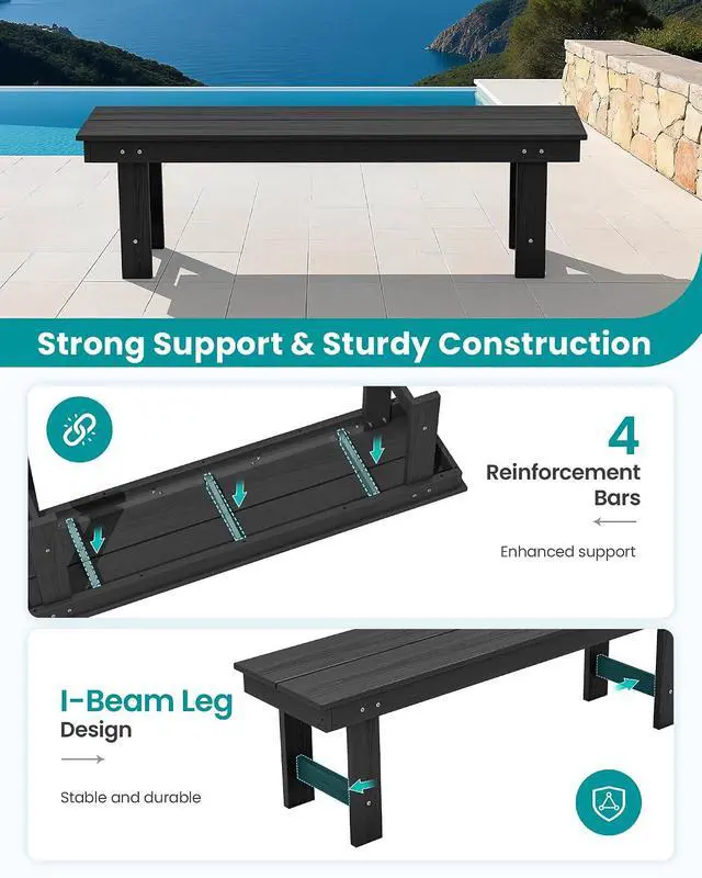 Alt view image 5 of 7 - 2-Person Outdoor Bench Backless, HDPE Outdoor Benches Weatherproof, 660 Lbs Weight Capacity, Poly Lumber Patio Furniture for Garden, Porch and Park, Black, 2 Pack