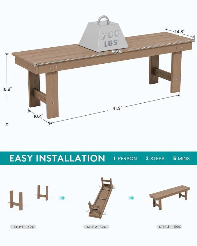 Alt view image 3 of 7 - 2-Person Outdoor Bench Backless, HDPE Outdoor Benches Weatherproof, 660 Lbs Weight Capacity, Poly Lumber Patio Furniture for Garden, Porch and Park, Brown, 2 Pack