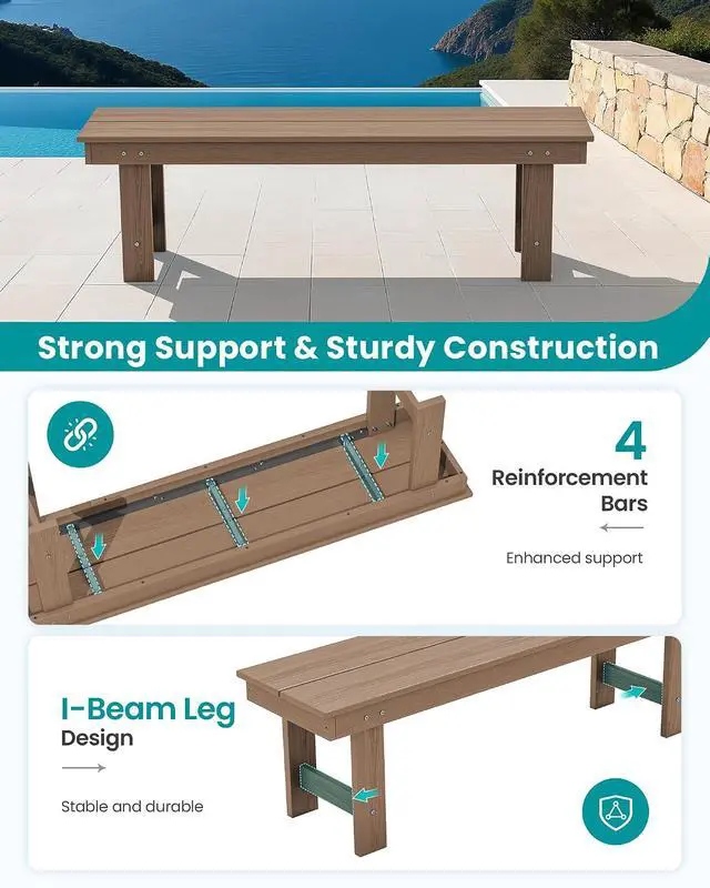 Alt view image 5 of 7 - 2-Person Outdoor Bench Backless, HDPE Outdoor Benches Weatherproof, 660 Lbs Weight Capacity, Poly Lumber Patio Furniture for Garden, Porch and Park, Brown, 2 Pack
