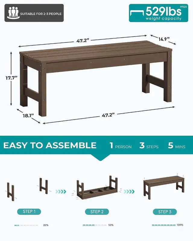 Alt view image 3 of 7 - 47 Inches Outdoor Bench Set of 2, All Weather HDPE Backless Bench with Wood Grain Texture for Garden Porch and Park, Curved Bench Seat for Comfort, Coffee