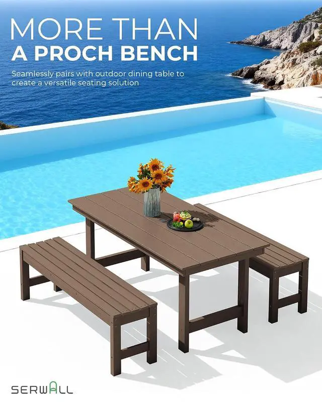 Alt view image 5 of 7 - 47 Inches Outdoor Bench Set of 2, All Weather HDPE Backless Bench with Wood Grain Texture for Garden Porch and Park, Curved Bench Seat for Comfort, Coffee