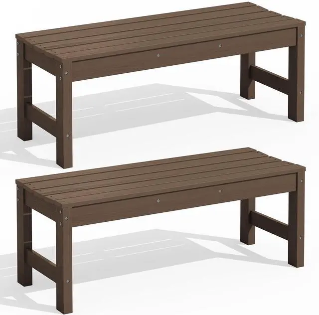 Main image of 47 Inches Outdoor Bench Set of 2, All Weather HDPE Backless Bench with Wood Grain Texture for Garden Porch and Park, Curved Bench Seat for Comfort, Coffee