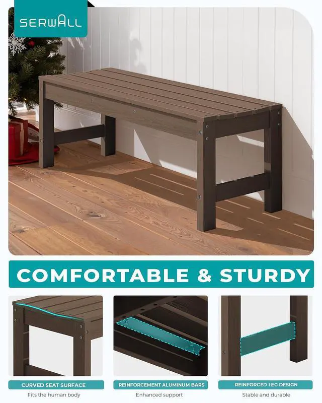Alt view image 6 of 7 - 47 Inches Outdoor Bench Set of 2, All Weather HDPE Backless Bench with Wood Grain Texture for Garden Porch and Park, Curved Bench Seat for Comfort, Coffee