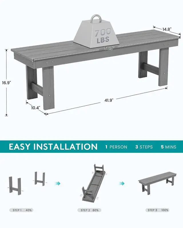 Alt view image 3 of 7 - 2-Person Outdoor Bench Backless, HDPE Outdoor Benches Weatherproof, 660 Lbs Weight Capacity, Poly Lumber Patio Furniture for Garden, Porch and Park, Grey