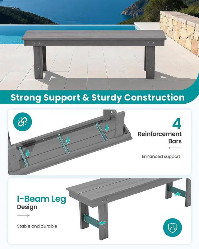 Alt view image 5 of 7 - 2-Person Outdoor Bench Backless, HDPE Outdoor Benches Weatherproof, 660 Lbs Weight Capacity, Poly Lumber Patio Furniture for Garden, Porch and Park, Grey