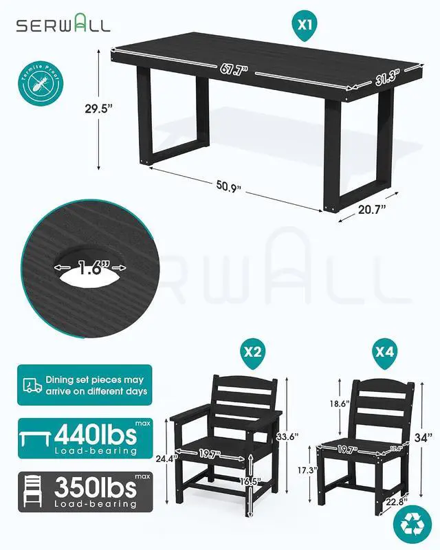 Alt view image 2 of 7 - HDPE Outdoor Dining Set for 6, 67'' All Weather Patio Dining Table and Armless Chairs Set for Deck, Lawn, Black