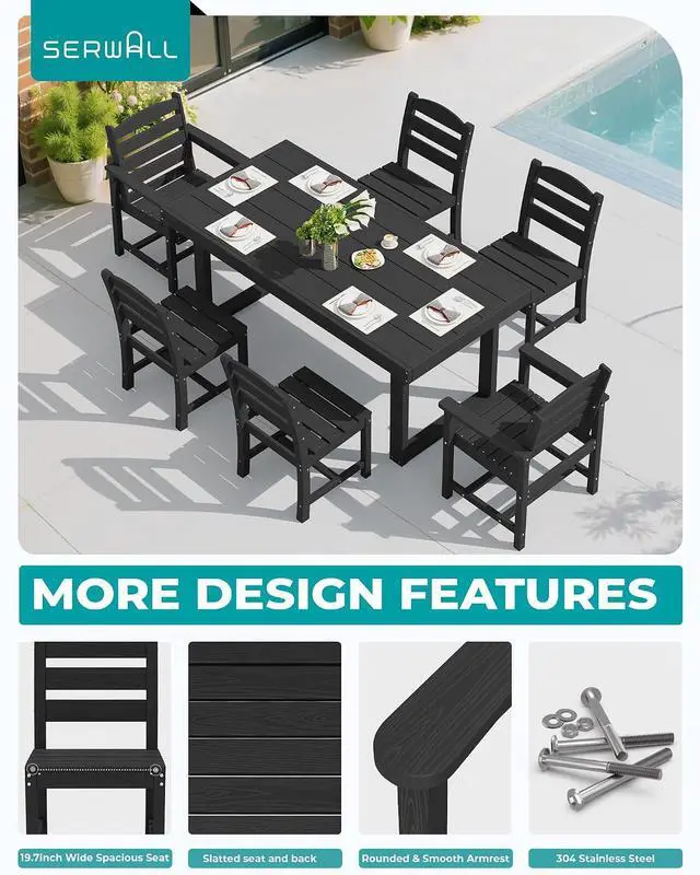 Alt view image 3 of 7 - HDPE Outdoor Dining Set for 6, 67'' All Weather Patio Dining Table and Armless Chairs Set for Deck, Lawn, Black