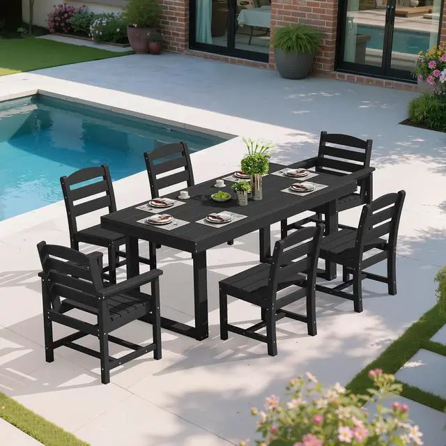 Alt view image 6 of 7 - HDPE Outdoor Dining Set for 6, 67'' All Weather Patio Dining Table and Armless Chairs Set for Deck, Lawn, Black