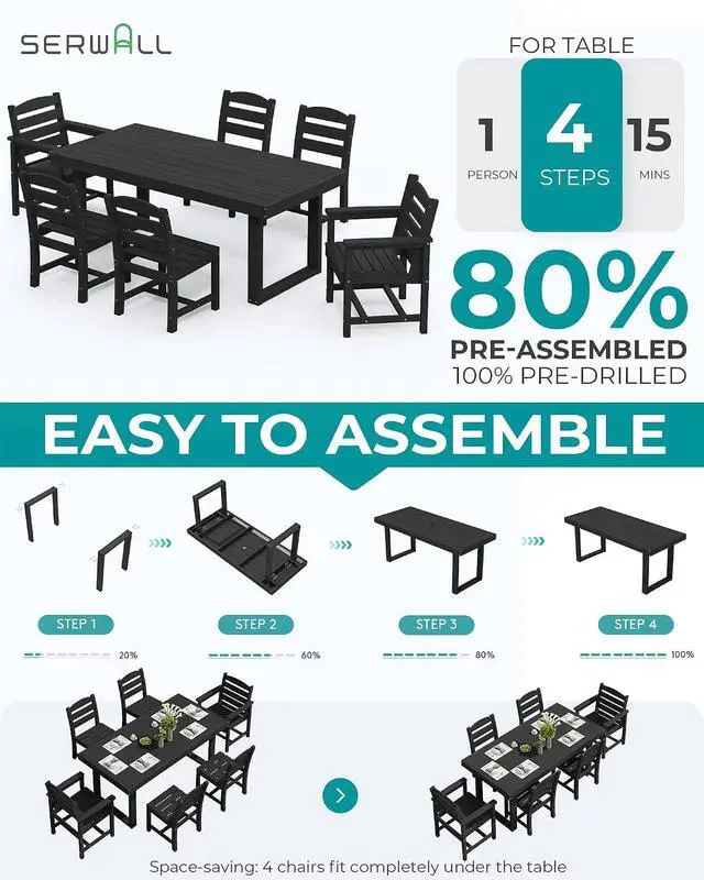 Alt view image 7 of 7 - HDPE Outdoor Dining Set for 6, 67'' All Weather Patio Dining Table and Armless Chairs Set for Deck, Lawn, Black