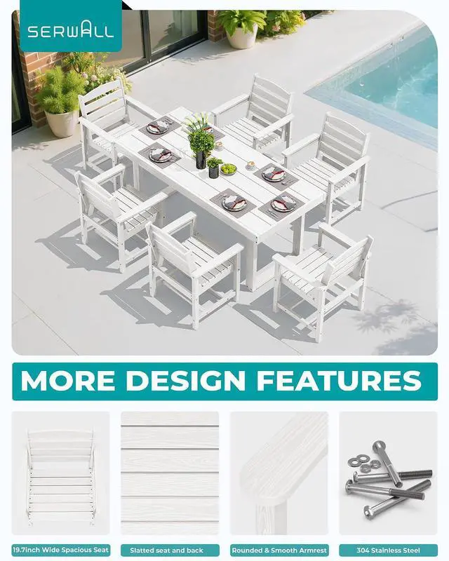 Alt view image 3 of 7 - HDPE Outdoor Dining Set for 6, 67'' All Weather Patio Dining Table and Chairs Set for Deck, Lawn, White