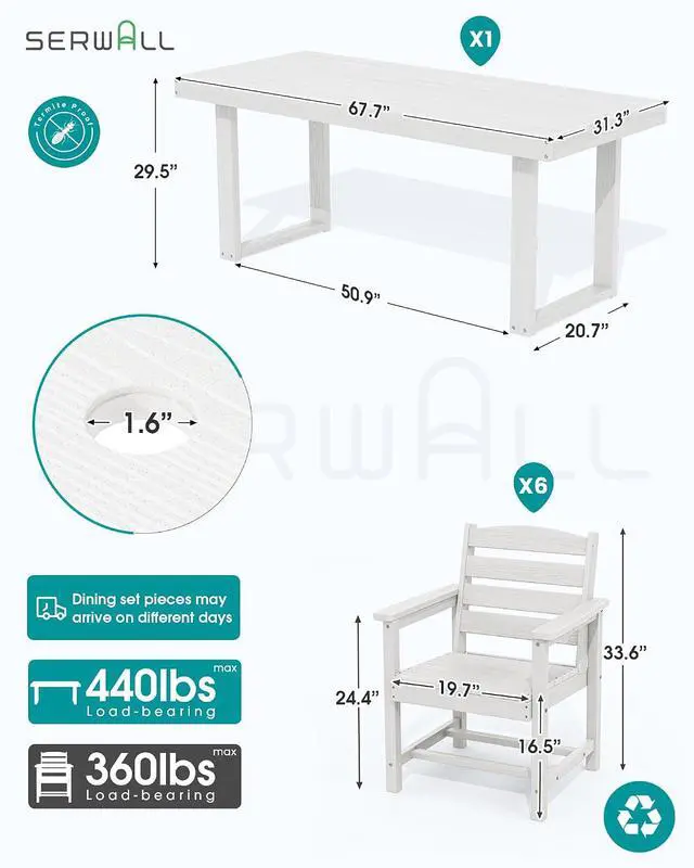 Alt view image 2 of 7 - HDPE Outdoor Dining Set for 6, 67'' All Weather Patio Dining Table and Chairs Set for Deck, Lawn, White