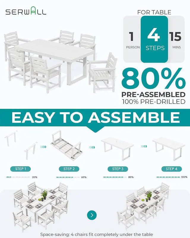 Alt view image 7 of 7 - HDPE Outdoor Dining Set for 6, 67'' All Weather Patio Dining Table and Chairs Set for Deck, Lawn, White