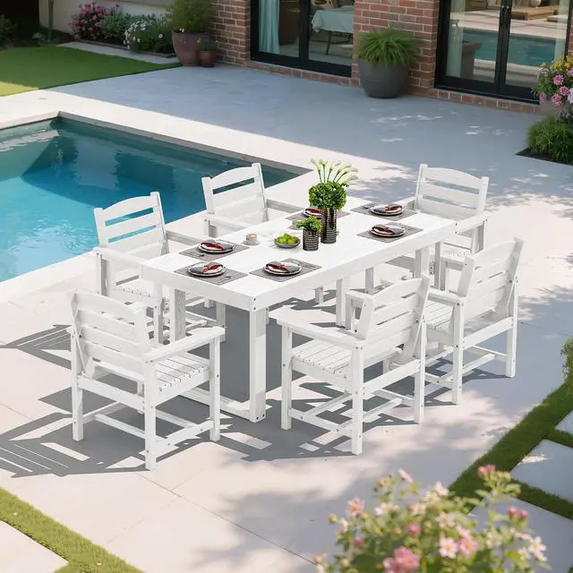 Alt view image 6 of 7 - HDPE Outdoor Dining Set for 6, 67'' All Weather Patio Dining Table and Chairs Set for Deck, Lawn, White