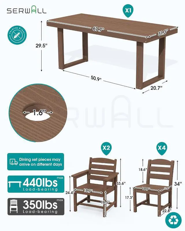 Alt view image 2 of 7 - HDPE Outdoor Dining Set for 6, 67'' All Weather Patio Dining Table and Armless Chairs Set for Deck, Lawn, Brown