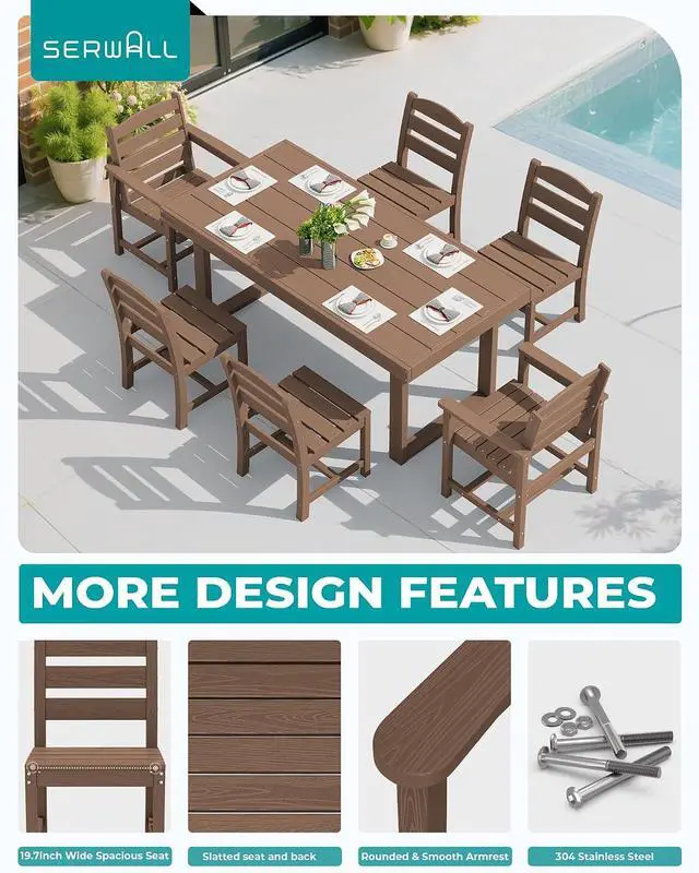 Alt view image 3 of 7 - HDPE Outdoor Dining Set for 6, 67'' All Weather Patio Dining Table and Armless Chairs Set for Deck, Lawn, Brown