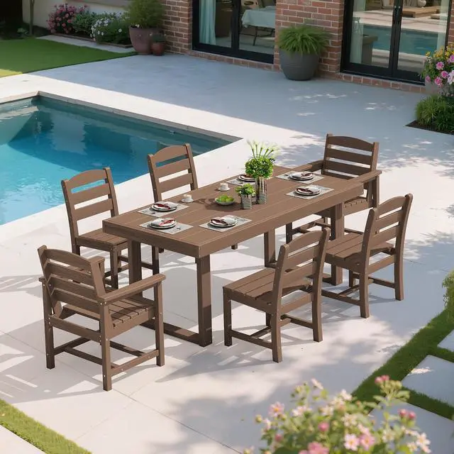 Alt view image 6 of 7 - HDPE Outdoor Dining Set for 6, 67'' All Weather Patio Dining Table and Armless Chairs Set for Deck, Lawn, Brown