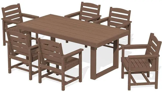 Main image of HDPE Outdoor Dining Set for 6, 67'' All Weather Patio Dining Table and Chairs Set for Deck, Lawn, Brown