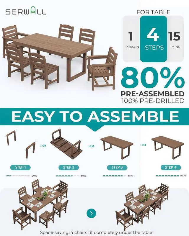 Alt view image 7 of 7 - HDPE Outdoor Dining Set for 6, 67'' All Weather Patio Dining Table and Armless Chairs Set for Deck, Lawn, Brown