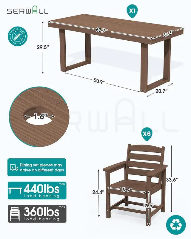 Alt view image 2 of 7 - HDPE Outdoor Dining Set for 6, 67'' All Weather Patio Dining Table and Chairs Set for Deck, Lawn, Brown