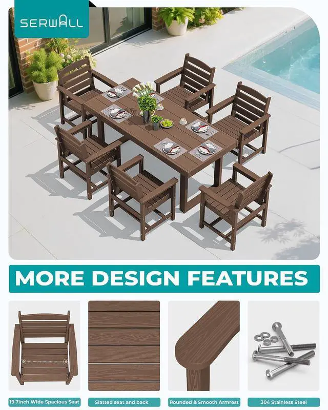 Alt view image 3 of 7 - HDPE Outdoor Dining Set for 6, 67'' All Weather Patio Dining Table and Chairs Set for Deck, Lawn, Brown