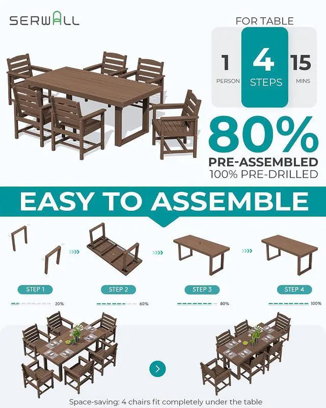 Alt view image 6 of 7 - HDPE Outdoor Dining Set for 6, 67'' All Weather Patio Dining Table and Chairs Set for Deck, Lawn, Brown