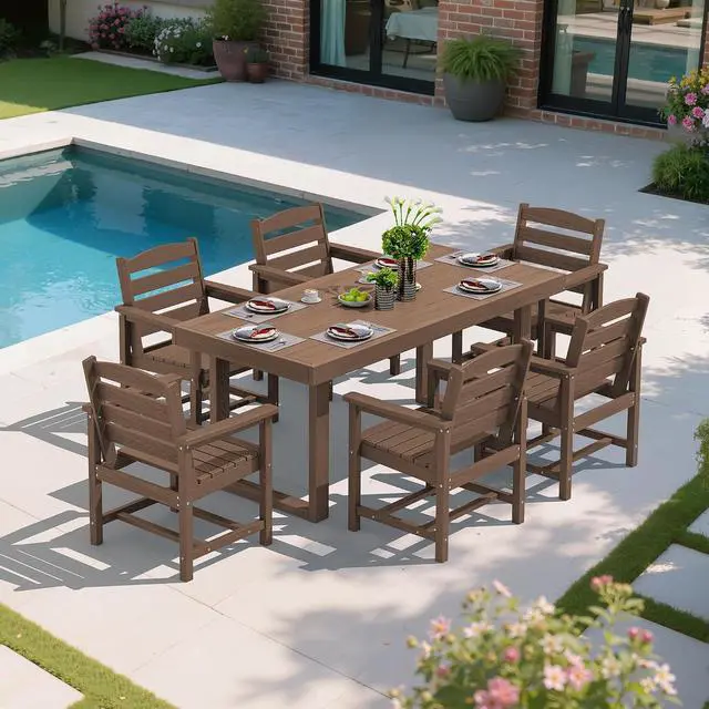 Alt view image 7 of 7 - HDPE Outdoor Dining Set for 6, 67'' All Weather Patio Dining Table and Chairs Set for Deck, Lawn, Brown