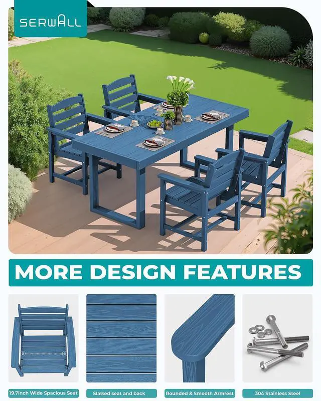 Alt view image 4 of 7 - HDPE Outdoor Dining Set for 4, 67'' All Weather Patio Dining Table and Chairs Set for Deck, Lawn, Blue