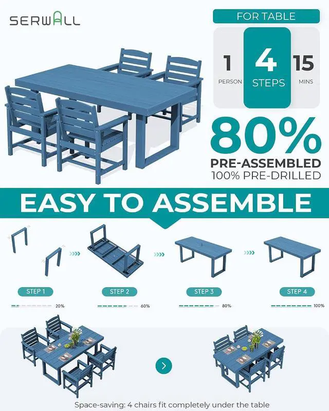 Alt view image 6 of 7 - HDPE Outdoor Dining Set for 4, 67'' All Weather Patio Dining Table and Chairs Set for Deck, Lawn, Blue