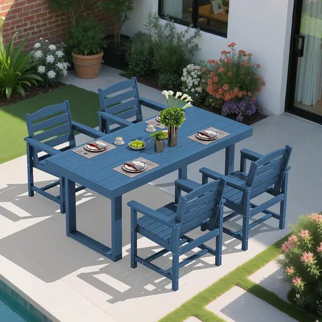Alt view image 7 of 7 - HDPE Outdoor Dining Set for 4, 67'' All Weather Patio Dining Table and Chairs Set for Deck, Lawn, Blue