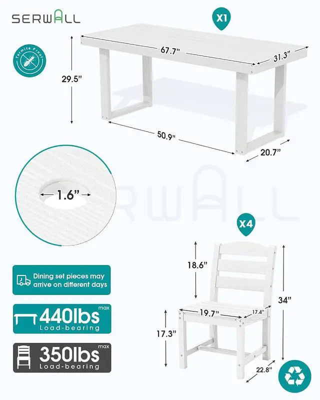 Alt view image 2 of 7 - HDPE Outdoor Dining Set for 4, 67'' All Weather Patio Dining Table and Armless Chairs Set for Deck, Lawn, White