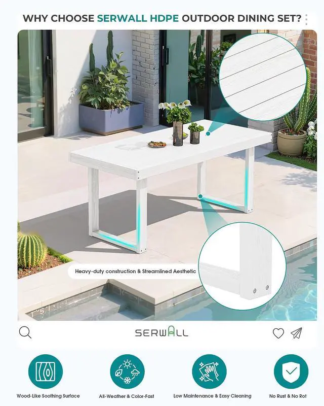 Alt view image 4 of 7 - HDPE Outdoor Dining Set for 4, 67'' All Weather Patio Dining Table and Armless Chairs Set for Deck, Lawn, White