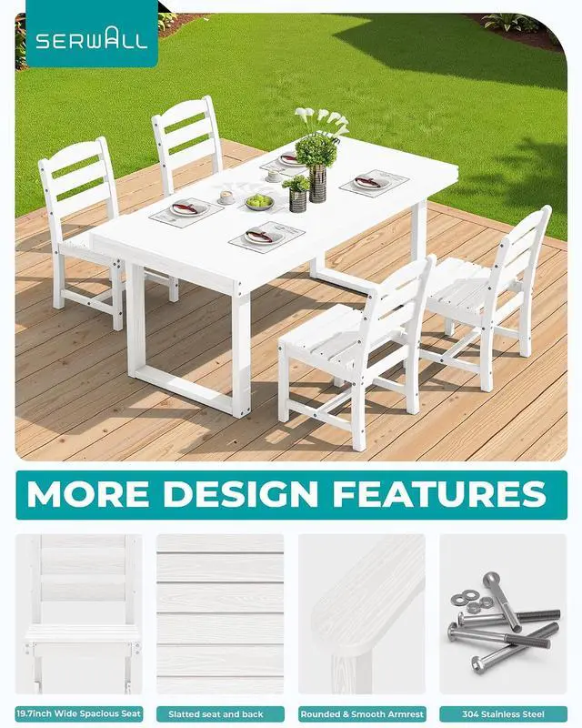 Alt view image 3 of 7 - HDPE Outdoor Dining Set for 4, 67'' All Weather Patio Dining Table and Armless Chairs Set for Deck, Lawn, White