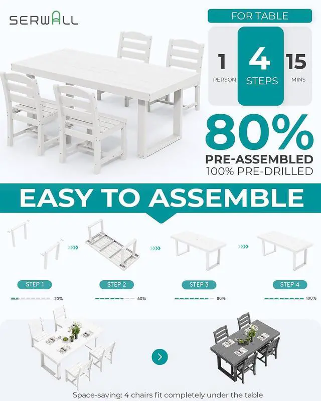 Alt view image 7 of 7 - HDPE Outdoor Dining Set for 4, 67'' All Weather Patio Dining Table and Armless Chairs Set for Deck, Lawn, White