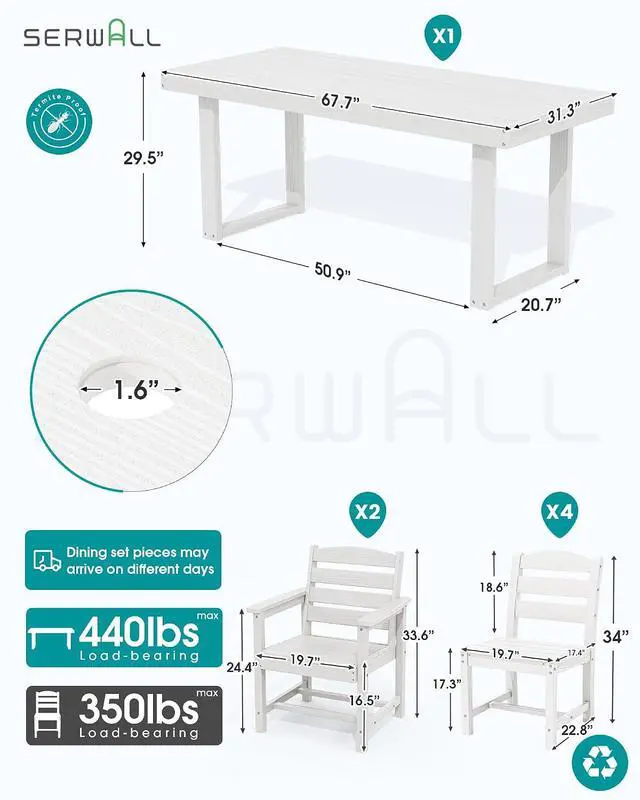 Alt view image 2 of 7 - HDPE Outdoor Dining Set for 6, 67'' All Weather Patio Dining Table and Armless Chairs Set for Deck, Lawn, White