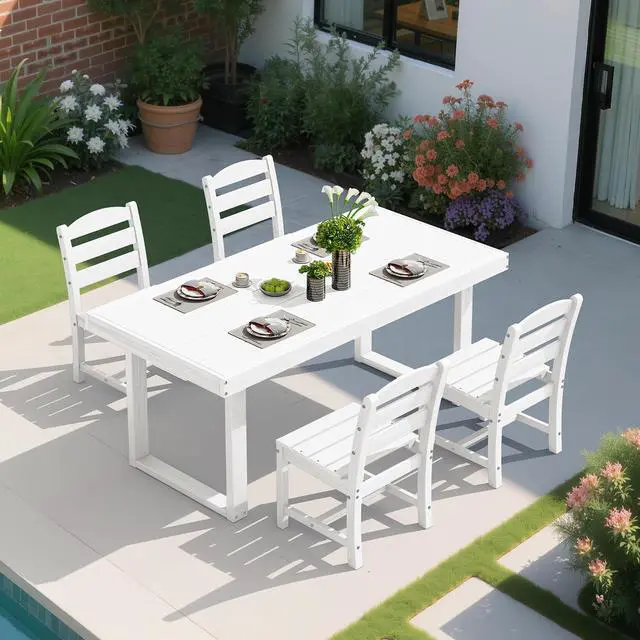 Alt view image 6 of 7 - HDPE Outdoor Dining Set for 4, 67'' All Weather Patio Dining Table and Armless Chairs Set for Deck, Lawn, White